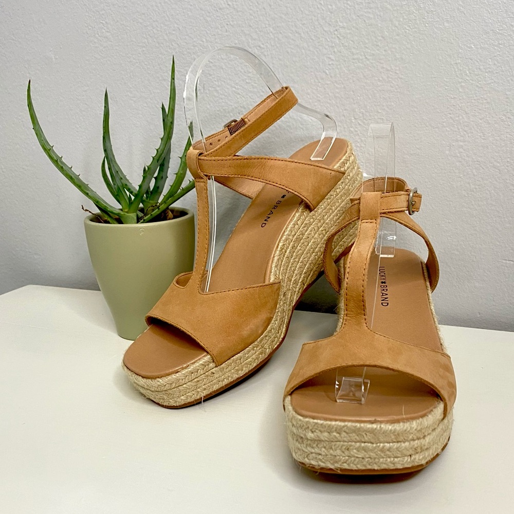 Lucky Brand Tan Woven Ankle Buckle Sandal Platform Heels Size 9.5